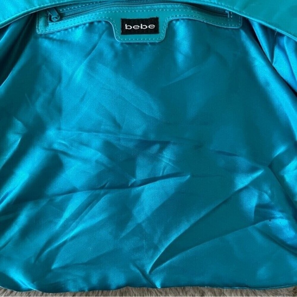 Vintage Bebe Y2K Turquoise Satin Logo Hobo Bag Teal Gold Chain - Picture 6 of 14